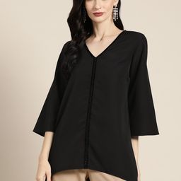 Qurvii Black Solid Top with Embellished Neck-30