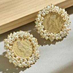 Fida Gold White Queen Victoria Coin Pearl Stud Earrings-image-75