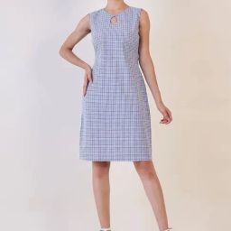 Powersutra Blue Cotton Checks Sleeveless A Line Dress-image-54