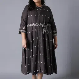 W Charcoal Printed A-Line Dress With Belt-picture-27