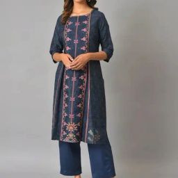 W Blue Printed Straight Kurta-image-91
