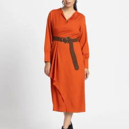 SHAYE Rust Orange V-Neck Full Sleeves Casual Dress For Women-picture-18