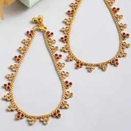 Zeneme Gold Plated Stone Studded Beaded Handcrafted Anklets Set of 2-38