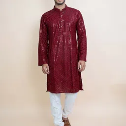 KUNDALI KAKSHAY Geometric Embroidered Sequinned Mandarin Collar Straight Kurta-image-62