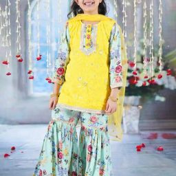 Little Bansi Kids Yellow & Blue Embellished Kurta, Gharara with Dupatta-60