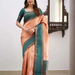 SHUBHKALA Peach Silk Woven Saree With Unstitched Blouse-image-42