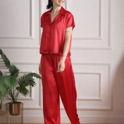 Slumber Jill Red Solid Half Sleeves Pyjama Set-image-54