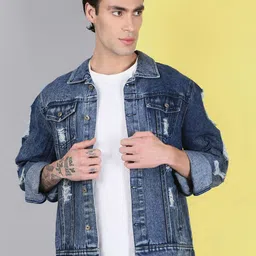 VOXATI Washed Printed Spread Collar Denim Jacket-image-69