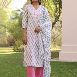 SCAKHI Women Pink Cotton Cambric Block-Printed Embroidered Straight Suit Set-37