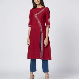 Okhai Red Ruby Pure Cotton Embellished A Line Kurti-image-93