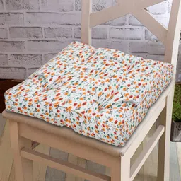 Kuber Industries Set of 2 White & Orange Floral Print Microfiber Square Chair Pads-13