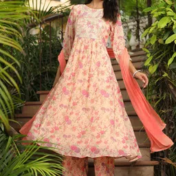 Janasya Floral Printed Sequinned A Line Kurta with Palazzos & With Dupatta image 3