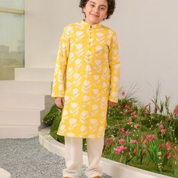 Pspeaches Full Sleeves All Over Flower Motif Printed Kurta With Pyjama - Yellow-image-31