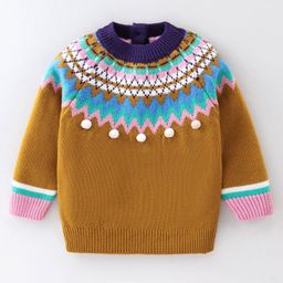 Yellow Apple Knitted Full Sleeves Sweater With Ikat Print - Brown-image-97