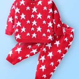 Babyhug Knitted Full Sleeves Sweater Set Star Design - Red-picture-16