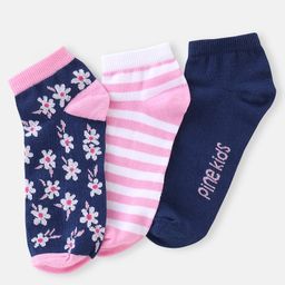 Pine Kids Low Ankle Length Socks Stripes & Floral Design Pack of 3 - Pink & Blue-image-100