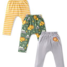 Babyhug Cotton Full Length Diaper Leggings Lion & Stripes Print Pack Of 3- White Yellow & Green-image-28