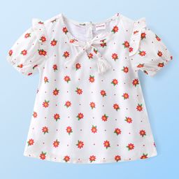 Babyhug Rayon Woven Half Sleeves Gathered Top with Frills & Floral Print - White-picture-16