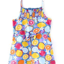 Babyhug Single Jersey Knit Singlet Sleeves Fruity Print Jumpsuit with Bow Applique - Blue-image-28