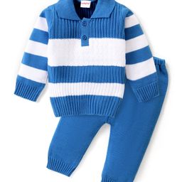 Babyhug Knitted Full Sleeves Striped Sweater Set - Blue-picture-11