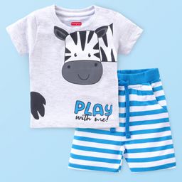 Babyhug Single Jersey Knit Half Sleeves T-Shirt And Shorts Set Stripes & Zebra Print - Blue & White-image-63