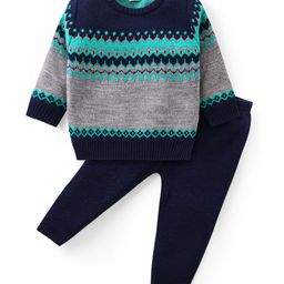 Babyhug Knit Full Sleeves Pullover Sweater Set with Aztec Design - Navy Blue & Grey-image-14