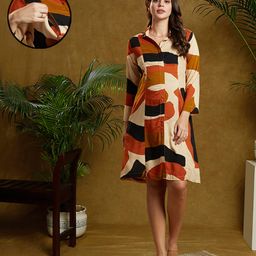 MomToBe Rayon Full Sleeves Abstract Printed Maternity Dress With Concealed Zipper Nursing Access - Multi Colour-image-5