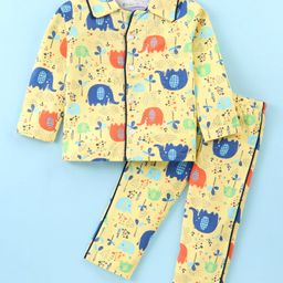 OHMS Single Jersey Knit Full Sleeves Night Suit with Elephant Print - Lemon Yellow-image-48