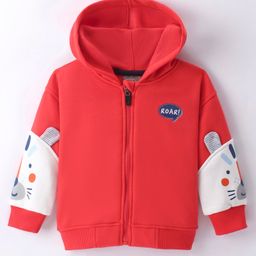 Little Kangaroos Full Sleeves Hooded Sweatjacket with Cat Patch - Coral-image-21