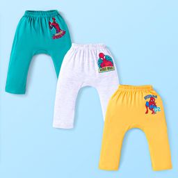 Babyhug Marvel Interlock Knit Full Length Diaper Leggings with Spiderman Print Pack of 3 - Blue White & Yellow-image-7