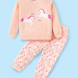 Smarty Girls Looper Knit Full Sleeves T-Shirt & Jogger Pant Set with Unicorn Print - Peach-image-31