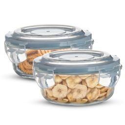 Bergner Borosilicate Glass Side Lock Storage Round Container with Lid - 400ml, Clear, Ice Blue Gasket (Set of 2)-9
