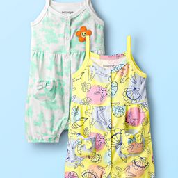 Babyoye Eco Conscious 100% Cotton Interlock Sleeveless Tie & Dye Rompers with Sea Life Print & Bow Applique Pack of 2 - Yellow & Sea Green-image-53