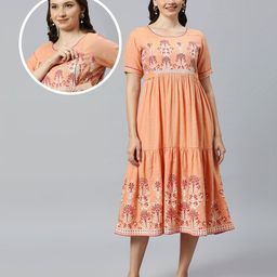 Dummy Shape Viscose Rayon Half Sleeves Floral Printed Maternity Flared Kurta With Nursing Access - Peach-image-60
