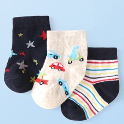 Cute Walk by Babyhug Ankle Length Antibacterial Socks with Vehicle & Star Design Pack Of 3 - White & Navy Blue-image-84