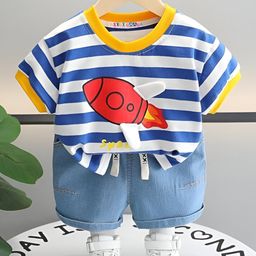 Googo Gaaga Cotton Half Sleeves Rocket Printed Tee With Shorts Set - Blue-image-16