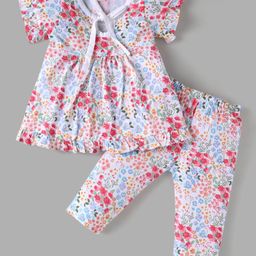 ToffyHouse Single Jersey Knit Half Sleeves Night Suit with Floral Print - White & Pink-image-29