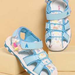 Pine Kids Heart Printed Sandals With Floral Applique & Velcro Closure - Blue-image-14