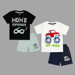 Tiny Hugs Cotton Pack Of 2 Half Sleeves Monster Truck & Moms Superhero Text Printed Tees & Shorts Set - Multi Colour-image-7