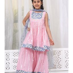 Little Bansi Cotton Sleeveless Floral Embroidered Glitter Striped & Lace Embellished Kurta Sharara With Dupatta Set - Pink-image-78