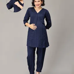 The Mom Store Cotton Crepe Three Fourth Sleeves Sequins Embellished Maternity Maternity Kurta & Pant Set With Nursing Access - Navy Blue-picture-9