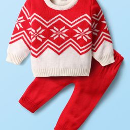 Babyhug Acrylic Knitted Full Sleeves Sweater Set With Chevron Design - Red & White-image-57