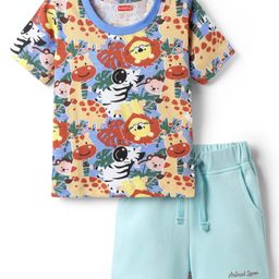 Babyhug Interlock Knit Half Sleeves T-Shirt & Shorts Set with Jungle Theme Print - Light Blue-image-24