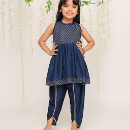 KID1 Silk Blend Sleeveless Threadwork Embroidered Sequins Embellished Dhoti Kurta Set - Navy Blue-image-60