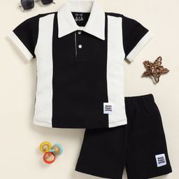 Little Marine Cotton Half Sleeves Colour Blocked Polo Tee & Shorts Set - Black & White-image-21