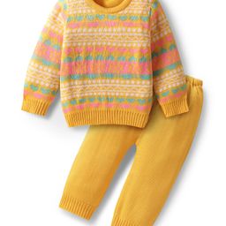 Babyhug Knitted Full Sleeves Sweater Set With Floral Design - Yellow-image-60