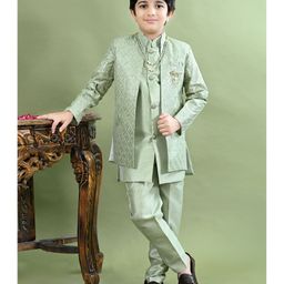 BT DEZINES Silk Blend Woven Full Sleeves Solid Sherwani & Pant With Ethnic Embroidered Jacket & Necklace Set - Light Green-image-63