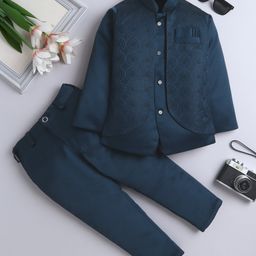Fourfolds Woven Full Sleeves Abstract Embroidered Jodhpuri & Trousers Set - Navy Blue-image-88