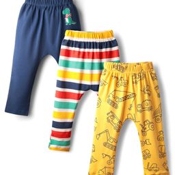 Babyhug Cotton Knit Full Length Stripes Dino & Vehicles Printed Diaper Leggings Pack Of 3 - Multi Colour-image-5