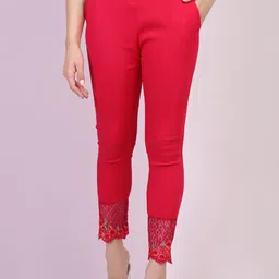 QIOA Women Cotton Stretch With Lace Detail Trousers-image-67